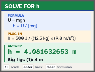 Solving U = mgh for h with the plug-in line and sig figs