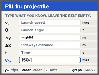 Fill-in page for a projectile problem with units next to each box