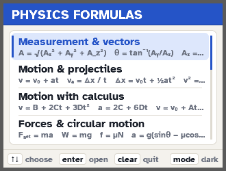 PHYSPRO topic list showing the real formulas under each topic